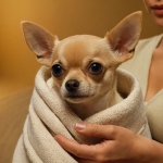 A concerned Chihuahua owner gently holding a small
