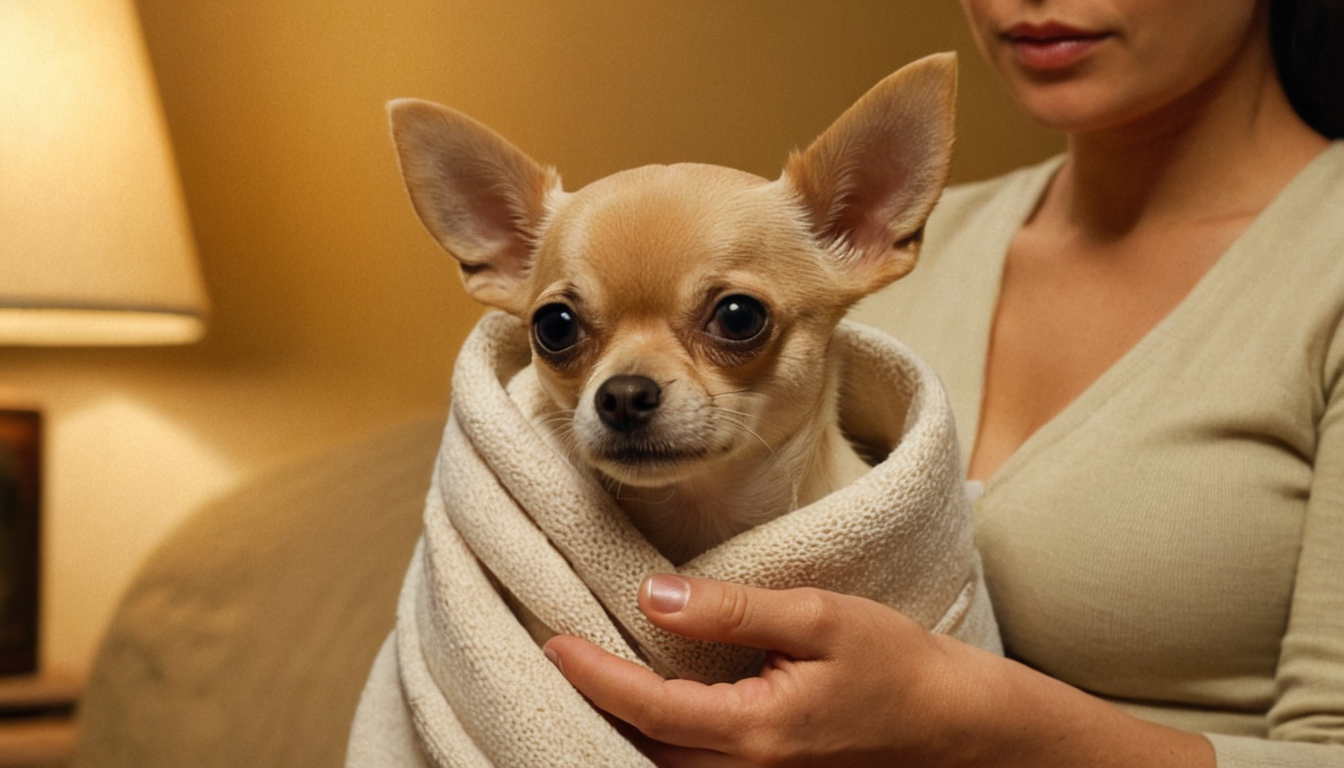 A concerned Chihuahua owner gently holding a small
