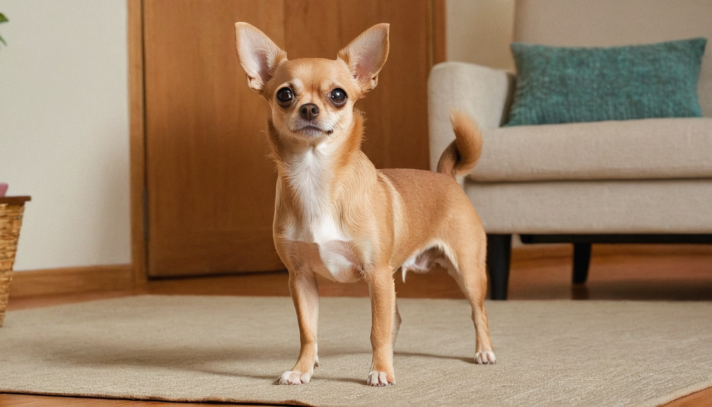 Owner comforting Chihuahua during a reverse sneezing fit at home